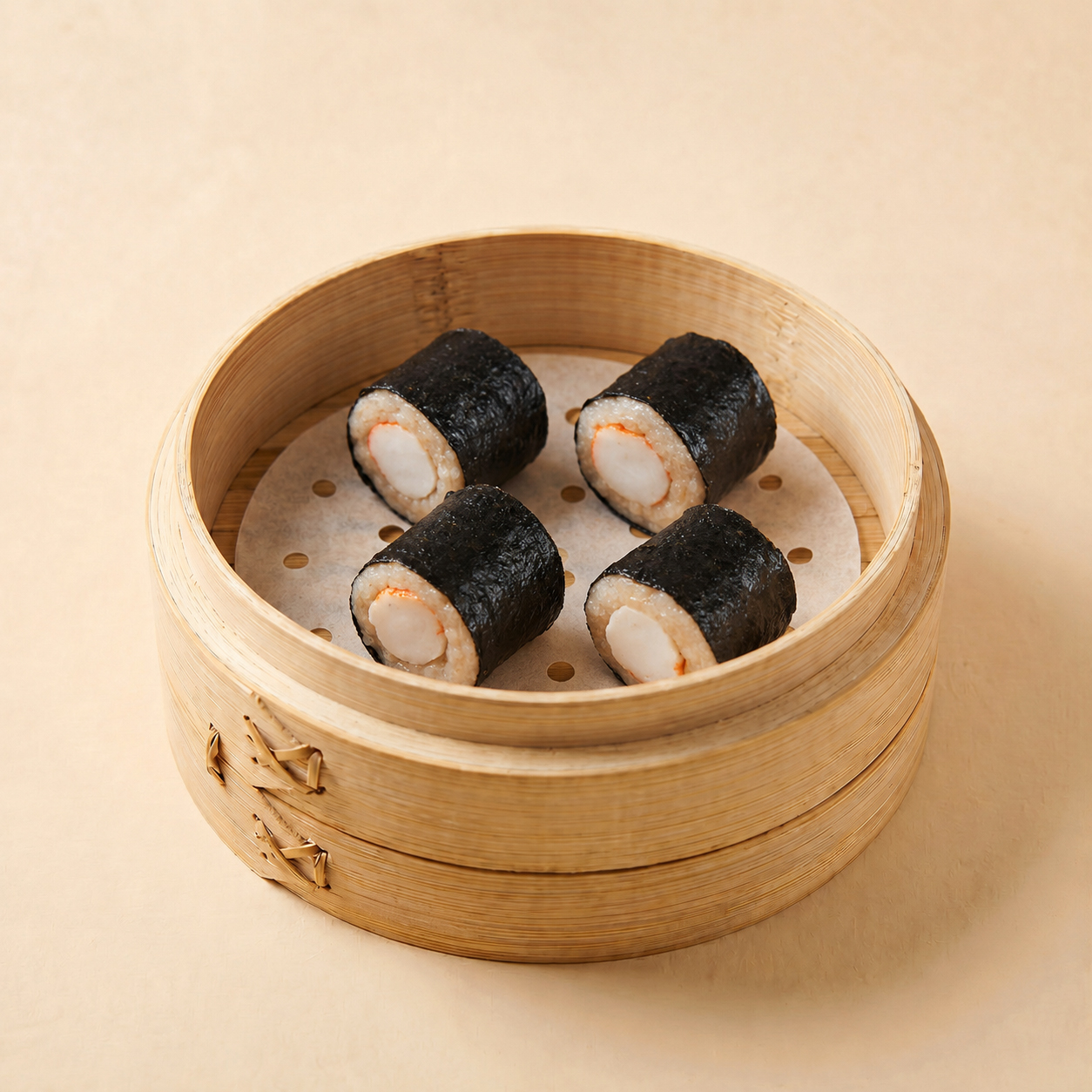 Close-up shot of sliced authentic crab stick seaweed roll showcasing pink surimi and savory meat layers wrapped in nori